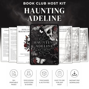 Op de afbeelding: Een digitale boekenclub host kit voor Haunting Adeline door H.D. Carlton, met een centraal tablet-display van de boekomslag, omringd door meerdere printbare pagina's met tekst en vijf ronde iconen die 24+ pagina's, discussievragen, spellen, activiteiten en een directe PDF-download beschrijven.