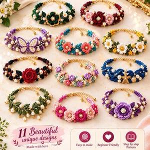 May include: A digital collection of 11 crochet bracelet patterns featuring floral, butterfly, and nautical designs with pearls and gold-toned chains. The image includes text: 11 Crochet Bracelet Pattern Bundel, Instant Download, 11 Beautiful unique designs, Easy to make, Beginner Friendly, Step by step Pattern, Perfect for gift, LuxeStichteryCo.