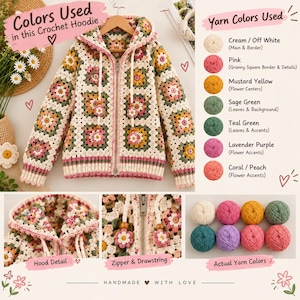 Könnte beinhalten: Ein Häkel-Kapuzenpullover aus cremefarbenem, rosafarbenem, senfgelbem, salbeigrünem, tealgrünem, lavendelfarbenem und korallenfarbenem Garn. Das Kleidungsstück hat ein Granny-Square-Muster, einen Reißverschluss und eine Kordel mit Holzperlen.