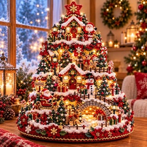 May include: A multi-tiered Christmas tree decoration featuring a crochet-style design with miniature houses, a snowman, Santa Claus in a sleigh, reindeer, and wrapped gifts. The structure is illuminated with warm lights and topped with a red star.