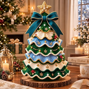 May include: A decorative crochet Christmas tree featuring tiered layers in shades of green, blue, and cream. The tree is topped with a gold star and a large teal ribbon, adorned with small white pearls, gold beads, and metallic snowflake accents.