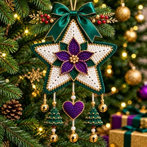 Könnte beinhalten: Ein gehäkelter Sternschmuck mit einer zentralen violetten Blume mit Goldperlen, einem dunkelgrünen Rand und einer weißen Sternbasis. Er ist mit einer dunkelgrünen Satinschleife verziert und enthält hängende Anhänger in Form eines violetten Herzens und zweier grüner Bäume mit goldenen Glöckchen.