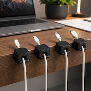 Puede incluir: Cuatro organizadores de cables negros de forma cuadrada están sujetos al borde de un escritorio de madera. Cada organizador cuenta con una ranura central que sostiene un cable de carga blanco con el conector hacia arriba para ordenarlos.