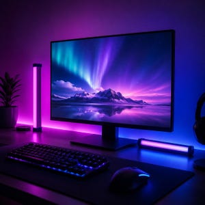 Può includere: Un monitor per computer che mostra un vivace paesaggio di aurora boreale con tonalità viola e blu. La configurazione include una tastiera meccanica nera, un mouse per computer e due barre luminose a LED cilindriche che emettono luce viola e blu.