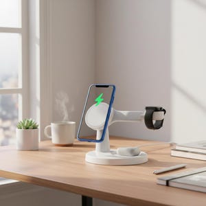 May include: White charging station with a phone and watch. The phone has a blue frame and a green lightning bolt icon. A black watch is on the right side. A small white charging pod is at the base. The station is on a wooden desk.