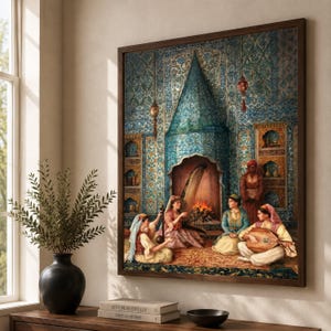 Tela con scena musicale tradizionale mediorientale, arte murale islamica persiana, decorazione turca, camino con piastrelle decorate, decorazione domestica culturale
