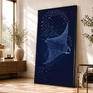 Nachtelijke mantarog canvas, sterrenhemel oceaanleven kunst, kosmische mariene muur decor, onderwater sterrenstelsel canvas, mystieke zeedieren ontwerp