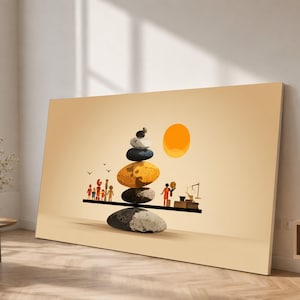 May include: A rectangular wall art print on a light beige background featuring a stack of five smooth stones balanced on a horizontal black bar. To the left are small stylised figures and birds, and to the right is a bright orange sun and a scale.