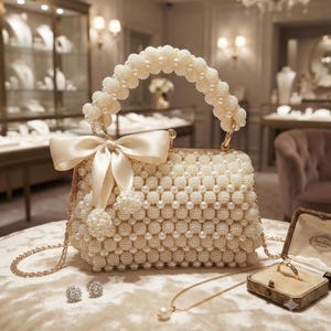 Könnte beinhalten: Eine cremefarbene Handtasche, die vollständig mit Kunstperlen bedeckt ist, mit einem passenden perlenbesetzten Griff und einer großen Satinschleife auf der Vorderseite. Die Tasche hat einen goldfarbenen Metallrahmen und eine feine Goldkette.