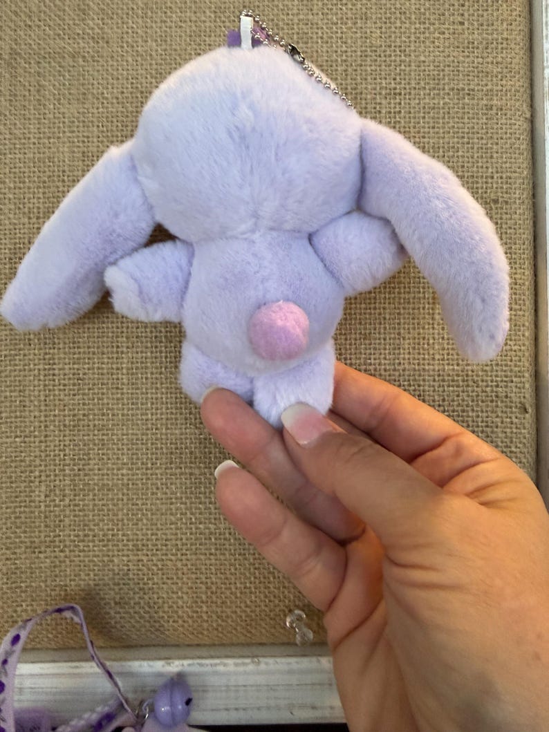 May include: A small, lavender plush bunny with long ears and a pink pom-pom tail. The bunny is attached to a silver keychain. The plush toy is held by a person's hand.
