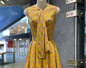 1960s Mustard Yellow Abstract Print Silk Blend Dress - W: 25"