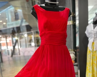 Red Hot 1950s Chiffon Party Dress - W:28"