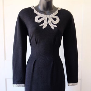 Vintage Adrienne Vittadini Black Wool Dress w/ Silver Bow - W: 28&quot;