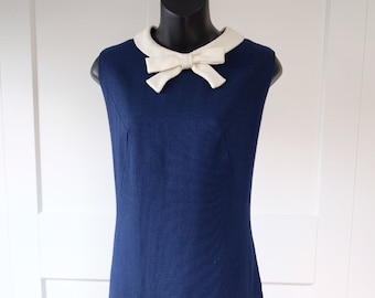 Vestido evasé en mezcla de lino pesado azul marino de los años 60 - Talla M