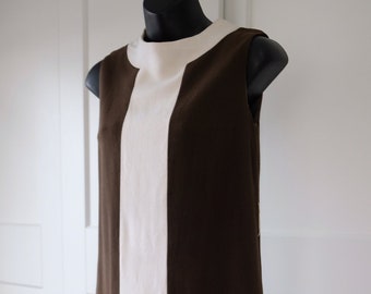1960s ‘Lord and Taylor’ Chocolate Brown/Cream Stripe Heavy Linen Blend Mod Space Age Shift Dress - Size XS/S