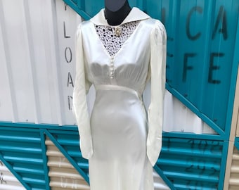 Ooak 1930s Vestido de satén de seda marfil L / S - Talla XS 25 "Cintura