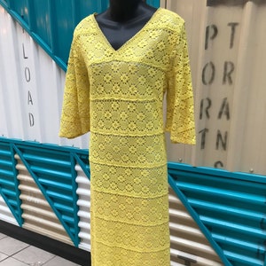 1970s Cotton Crochet Bell Sleeve Maxi Dress. Yellow - Sz L