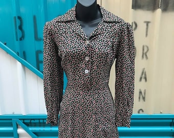 1930s/1940s Floral Print Cotton Day Dress - Size L W:31"