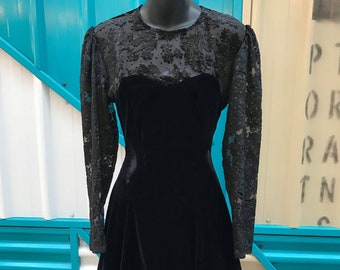 Vintage Black Velvet Dress: 1980s Flocked Illusion Neckline, Size M