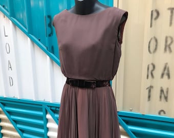 1960s "Miss Elliette California" Cocoa  Brown Silk Chiffon Dress with Velvet Belt - Size S