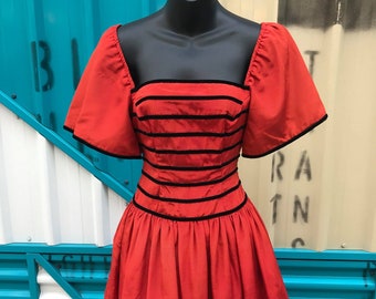 Rare 1980s "David Dille" Red Faille Dress with Corseted Bodice with Black Velvet Trim - Size M