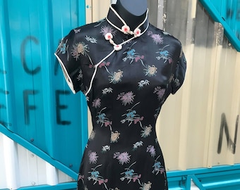 Vintage Black Silk/Floral Damask Cheongsam - Sz S