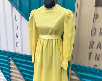 1970s Yellow Long Sleeve Swissdot Maxi Dress - Size S 26" Waist