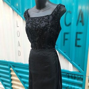 Divine 1950 Black Silk Cocktail Dress with Overskirt - Size L 30&quot; Waist