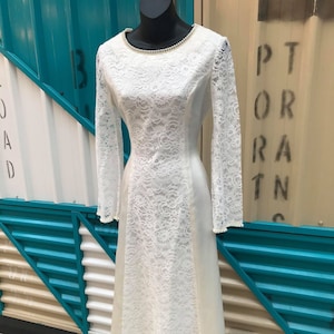 Vintage 1970s Satin & Lace Maxi Dress Wedding Gown with Sheer Lace Bell Sleeves - Size S