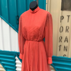 60s &quot;B Altman & Co&quot; Coral Accordion Pleated L/S Chiffon Dress Cocktail Party Dress - 26&quot; Waist