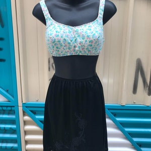 Vintage Black Half Slip Skirt with Floral Embroidery & Lace Hem