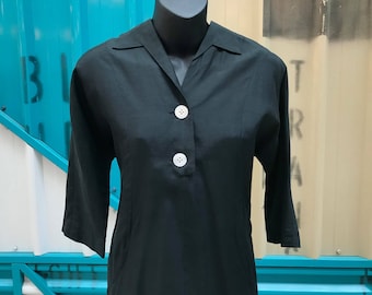 OOAK 1950s "Alfred Shaheen" Vestido de capullo de seda negro - Talla M