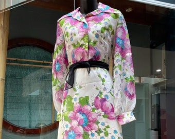 1970s Shirtwaist, Sheer L/S  Maxi . Print Chiffon Waist 31”