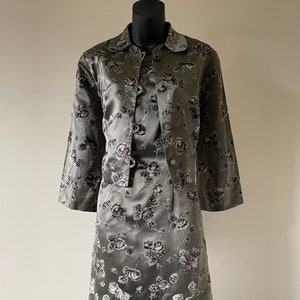 1960s Floral Flocked Velvet Dress & Jacket Set - Silver Taupe Satin, W: 32&quot;