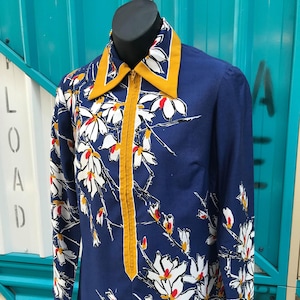 Vintage 1960s/Early 1970s Vera Neumann Blue Floral Cotton Blouse image 1