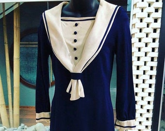 1960s "Carole Joy Petite" Mod Doubleknit Nautical L/s Dress Sz S