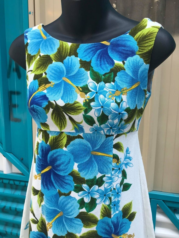 1960s "Ui-Maikai" Hawaiian Barkcloth Dress. Blue … - image 2