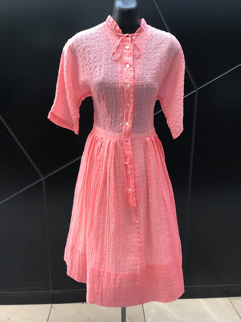 1940s S/S Sheer Button Front Full Skirt Dress Coral Pink. W 27 image 3