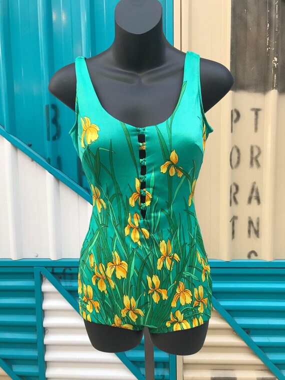 1960s "Sandcastle" Emerald Green Floral Print Swim