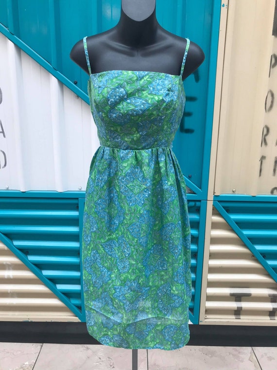 1970s "Demi Dress" Blue Green Printed Dress