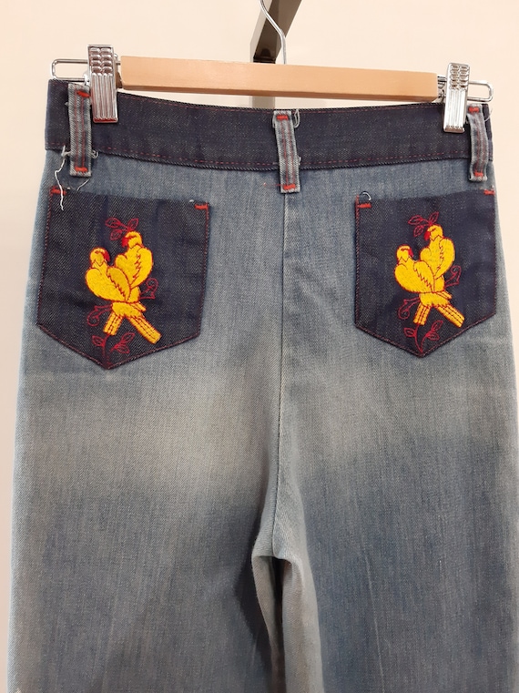 1970s Denim Bell Bottom Flares with Embroidered Po