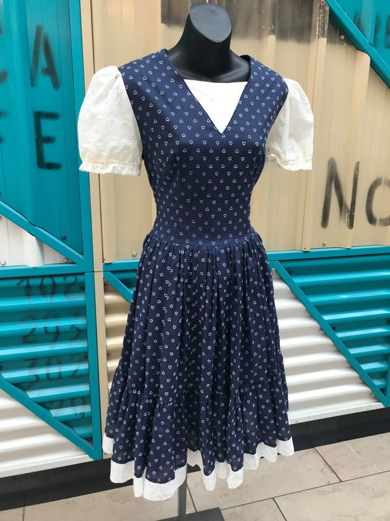 Vintage Navy Blue With White Heart Print Prairie D
