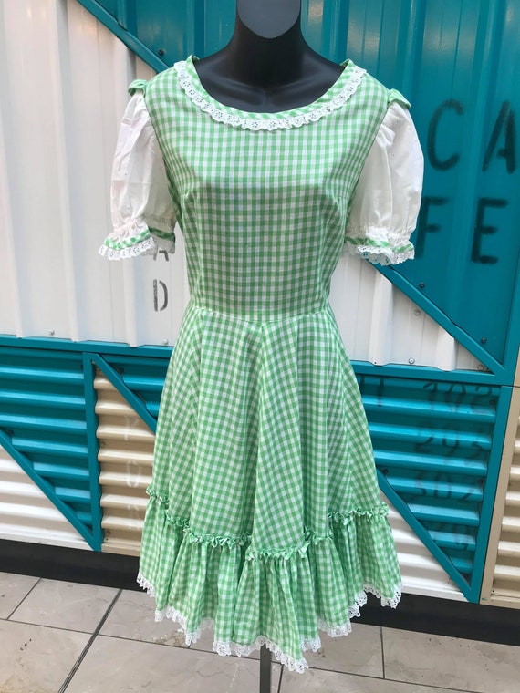 1960s Green & White Gingham Prairie Dress with Lac