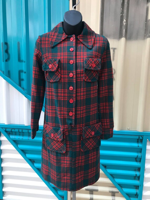 1970s "At Ease" Tartan Wool Shirt Dress - Size S - image 1