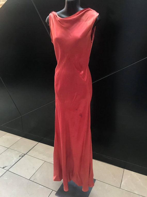 1920s Terracotta Pink Bias Cut Satin Gown