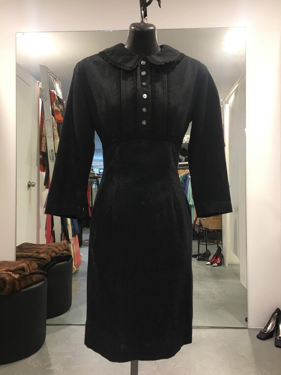 Vintage 1980s does 1940s Day Dress Black Wiggle Dress Wool Dress 1940s Tanner Dress 40s Femme Fatale 80s Dress Size Medium Formal Dress
