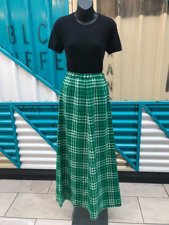1970s Green Plaid Wool Maxi Skirt