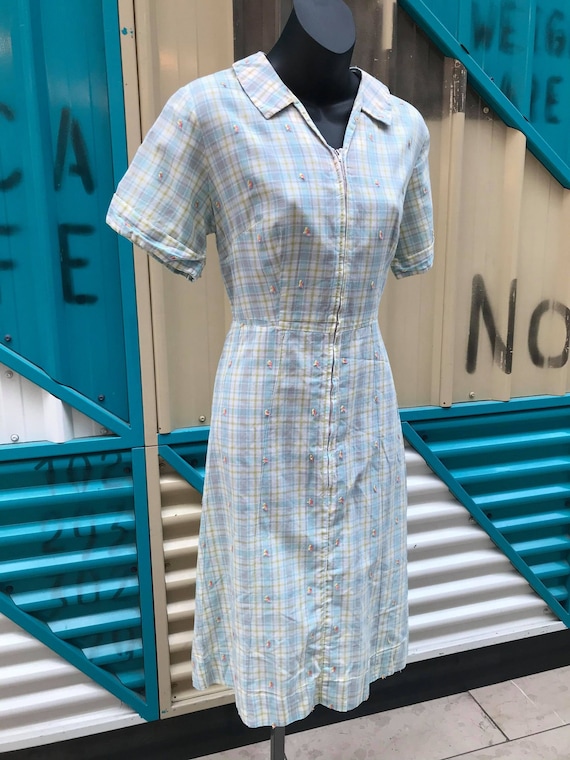 1940s Pastel Plaid Cotton Day Dress