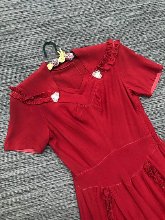RARE 1930s Rouge Crepe Dress with Art Deco Detail