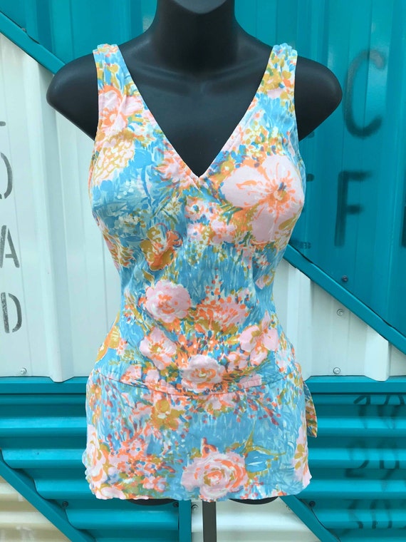 1960s Blue & Pink Floral Swimsuit - "Perfection Fi